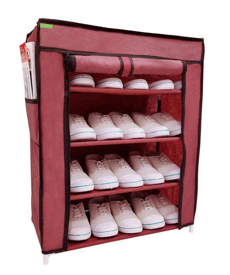 FLIPZON Multi-Purpose Iron Pipes with 4 Fabric Shelves Organiser Shoe Rack (Maroon) - Image 1