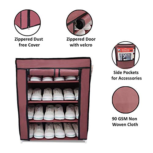 FLIPZON Multi-Purpose Iron Pipes with 4 Fabric Shelves Organiser Shoe Rack (Maroon) - Image 4