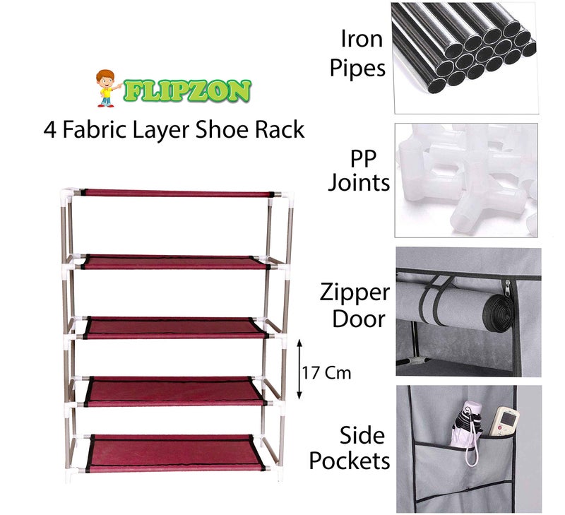 FLIPZON Multi-Purpose Iron Pipes with 4 Fabric Shelves Organiser Shoe Rack (Maroon) - Image 3