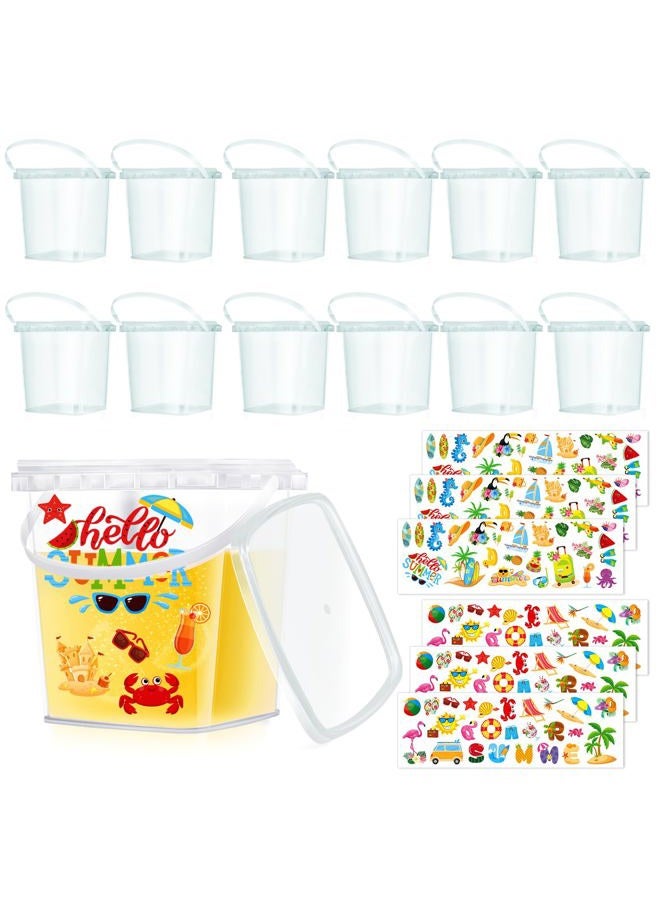 Burbell 12 Pcs 1L Ice Cream Buckets with Lids and Handles 150 Summer Themed Stickers Clear Plastic Containers Reusable Buckets Ice Cream Tub Round Plastic Pail for Summer Jelly Cold Drink Juice - Image 1