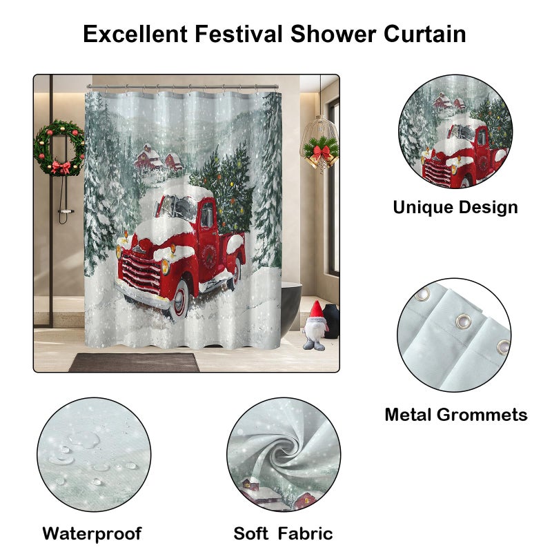Yostev Red Truck Strick Christmas Startains for Bathroom Decoration Tree Tree Startain Winter Vintage Rustic Retro Farmhouse Startain Xmas Pine Fabric Carter - Image 3