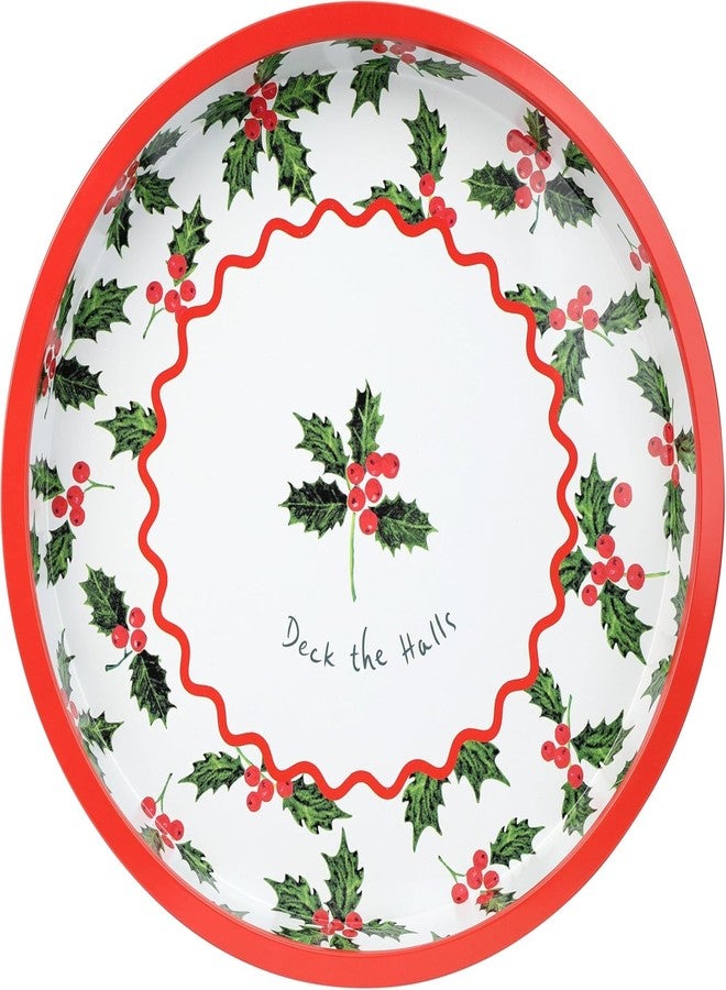 Talking Tables Round Serving Tray Christmas Holly Design for Tea Coffee, Drinks Food Sandwiches Decorative Festive Tin Tableware Design Thanksgiving Holidays 11.8 Inches - Image 1