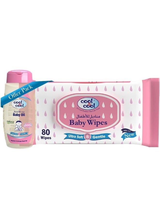 Cool & Cool Baby Wipes 80's + Baby Oil 100ML - Alcohol Free, Paraben Free, Vitamin E, Aloe Vera, Ultra Soft And Gentle for Sensitive, Delicate Skin + Vitamin E, Grape Seed Oil Combo Pack - Image 1