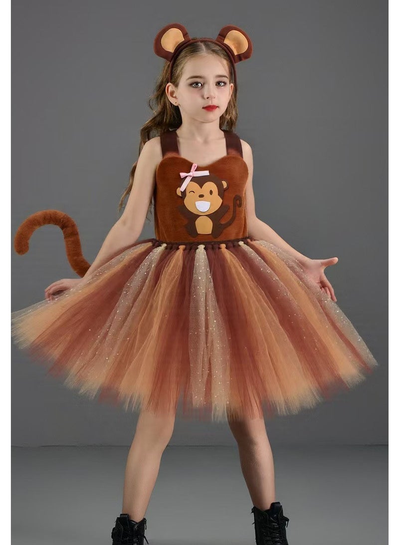 liannaner Girls Monkey Animal Costume Sleeveless Sparkling Tulle Tutu Dress with Monkey Ears Headband & Plush Tail, Children Fancy Outfit for Halloween Carnival Birthday Stage Show - Image 4