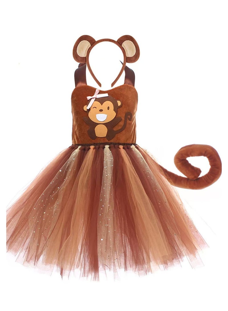 liannaner Girls Monkey Animal Costume Sleeveless Sparkling Tulle Tutu Dress with Monkey Ears Headband & Plush Tail, Children Fancy Outfit for Halloween Carnival Birthday Stage Show - Image 3