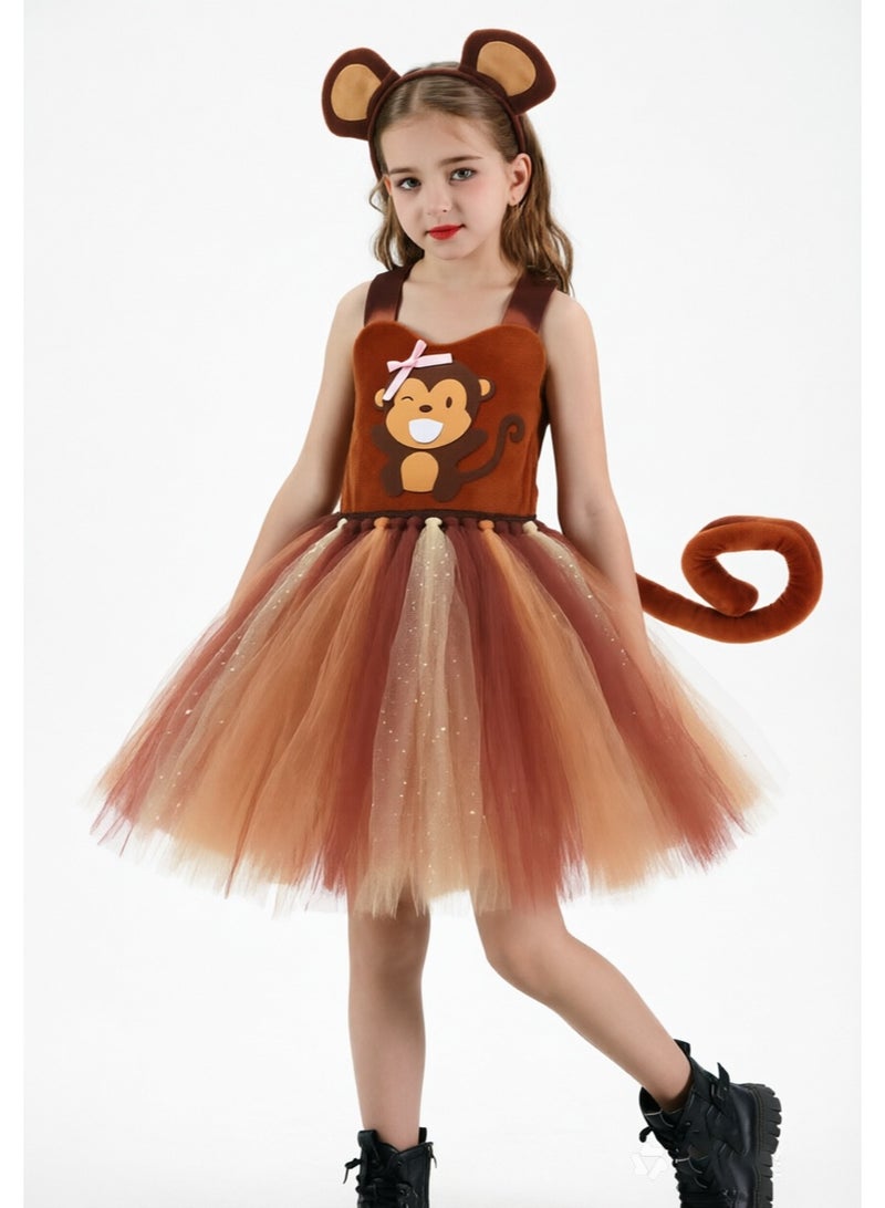 liannaner Girls Monkey Animal Costume Sleeveless Sparkling Tulle Tutu Dress with Monkey Ears Headband & Plush Tail, Children Fancy Outfit for Halloween Carnival Birthday Stage Show - Image 1