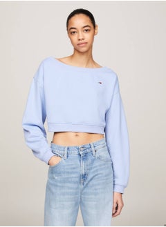 TOMMY JEANS Women's Essential Boat Neck Cropped Jumper -  Organic cotton blend terry, Blue  - Image 1