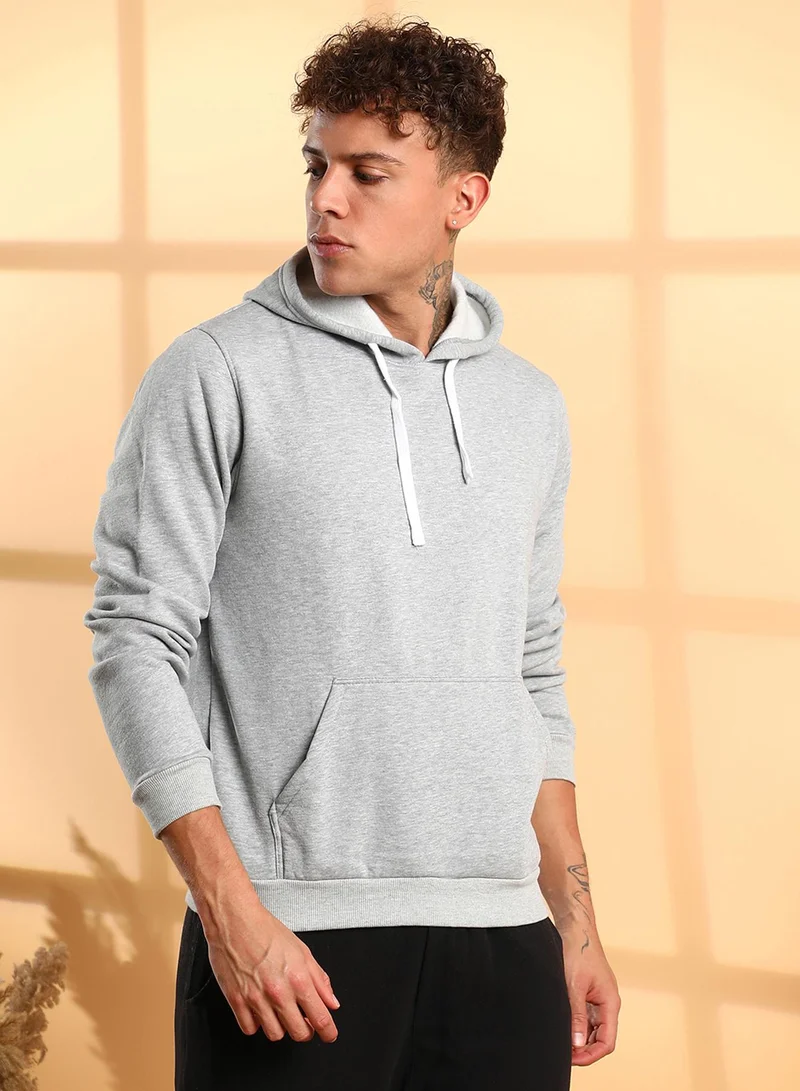 كامبوس سوترا Men's Light Grey Pullover Hoodie With Contrast Drawstring