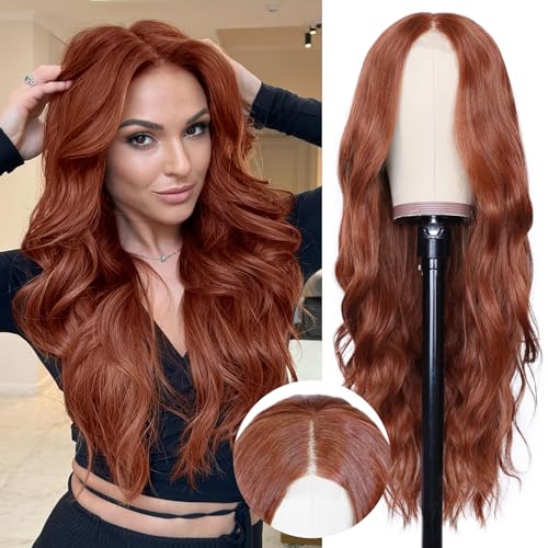 NAYOO Long Auburn Wavy Wig for Women 26 Inch Middle Part Lace Hairline Curly Wavy Wig Natural Looking Synthetic Heat Resistant Fiber Wig for Daily Party Use - Image 1