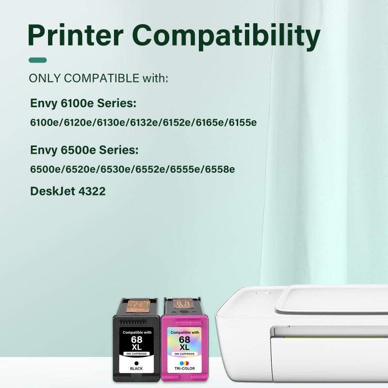 Cool Toner 68 6155e 6555e 68XL 68e Ink Cartridges Black Color Combo Pack for HP68 Ink 68 XL Compatible for HP Envy 6100e 6500e Series Printers 6152e 6165e 6558e 6552e (2 Pack-1 Black, 1 Tri-Color) - Image 2