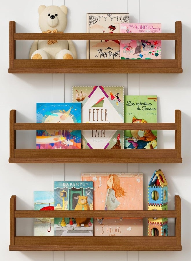Harwaya Floating Nursery Book Shelves Wall Mounted, Wooden Wall Bookshelf for Kids Room, Dark Wood Hanging Book Shelf for Baby Toddler Childrens Bedroom (24 Inch, Walnut Brown, Set of 3) - Image 1