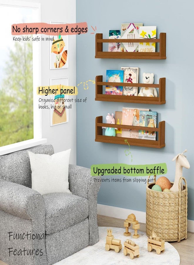 Harwaya Floating Nursery Book Shelves Wall Mounted, Wooden Wall Bookshelf for Kids Room, Dark Wood Hanging Book Shelf for Baby Toddler Childrens Bedroom (24 Inch, Walnut Brown, Set of 3) - Image 2