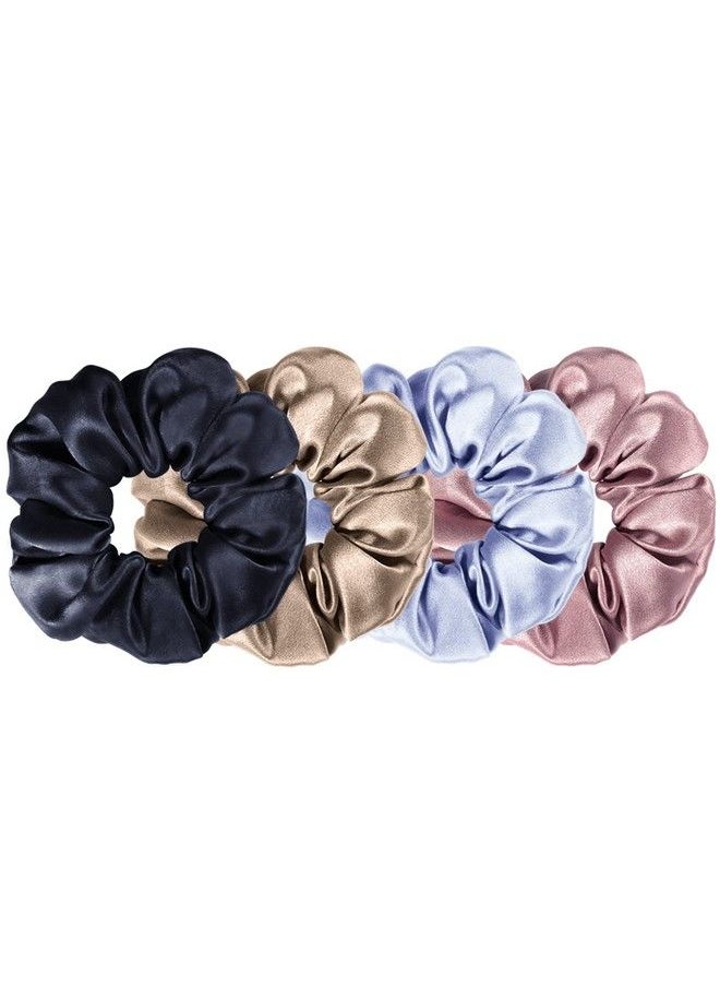 Fameza Silk Scrunchies For Hair 100% Pure Mulberry Silk Hair Scrunchies Luxurious Silk Hair Ties No Crease Scrunchies For Women Girls Thick Curly Hair (4 Pack Blackdark Bluelight Champagnepink(3.5Cm))  - Image 2