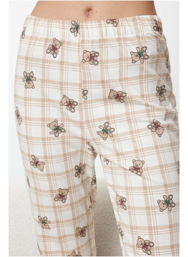 trendyol Ecru Teddy Bear Patterned Plaid Top Camisole Bottom Jersey Knitted Pajama Set THMAW25PT00111  - Image 4