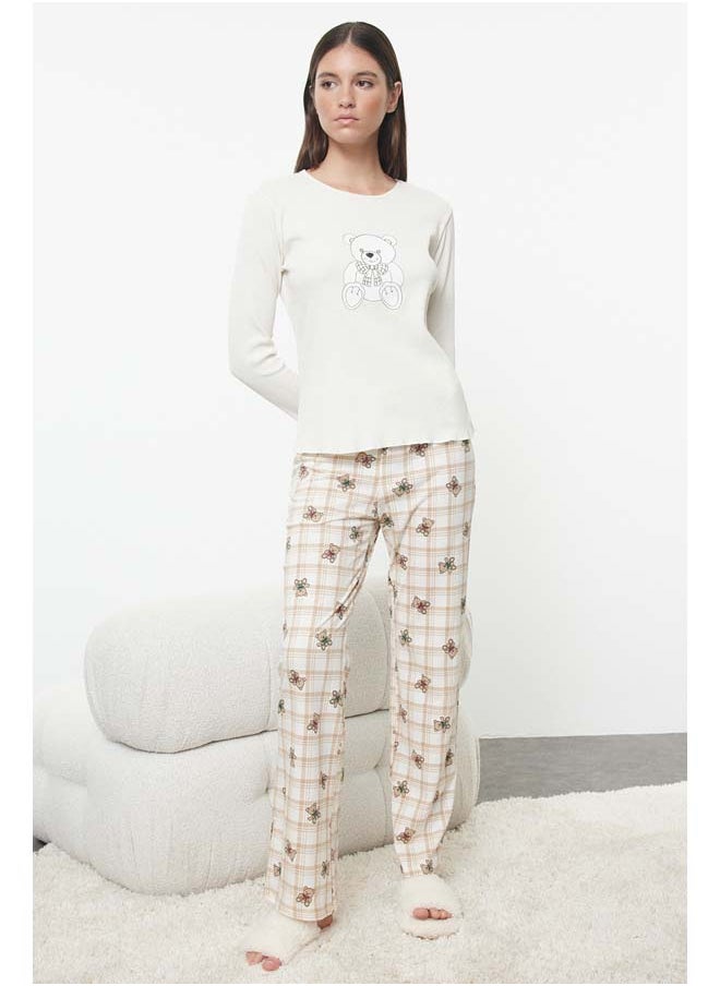 trendyol Ecru Teddy Bear Patterned Plaid Top Camisole Bottom Jersey Knitted Pajama Set THMAW25PT00111  - Image 1