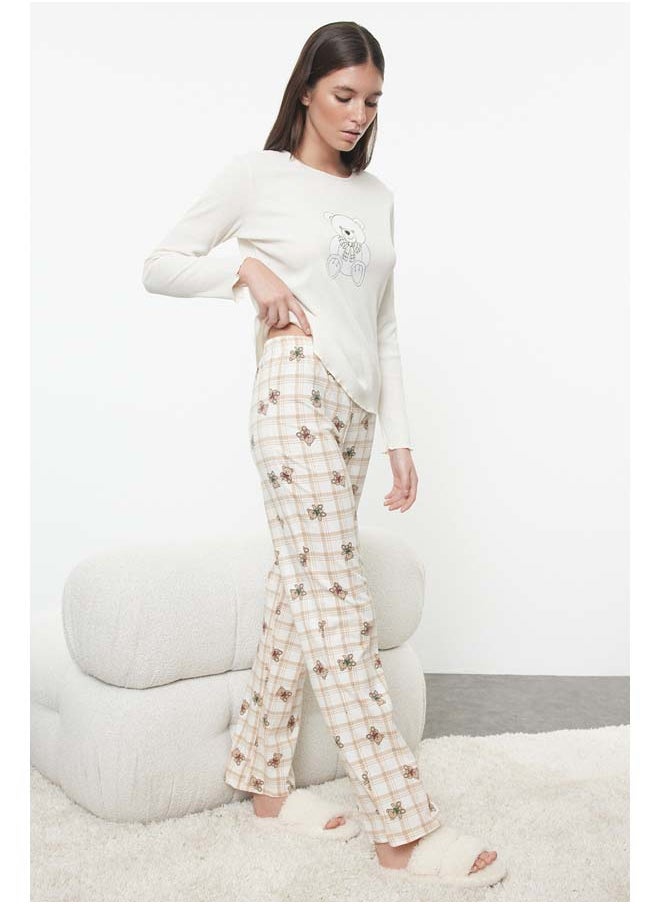 trendyol Ecru Teddy Bear Patterned Plaid Top Camisole Bottom Jersey Knitted Pajama Set THMAW25PT00111  - Image 2