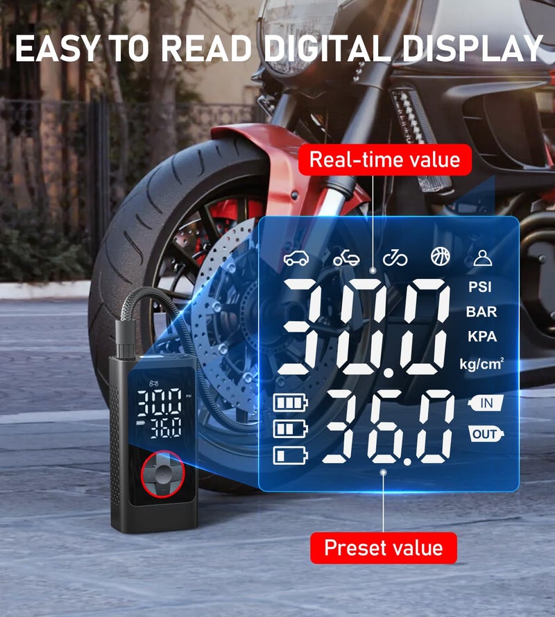 Pumptiva Tire Inflator Portable Air Compressor, 150PSI Cordless Air Pump for Car Tires, Bike Tire Pump with Pressure Gauge, Auto Shut Off, LED Light for Car Motorcycle Bicycle - Image 4