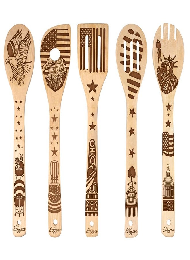 HYGNN Make American Great Again! American Flag Iconic Architecture Gift Idea Cooking Serving Utensils Natural Bamboo Kitchen House Warming Presents Slotted Wooden Spoons for Cooking Utensils Set of 5 - Image 1