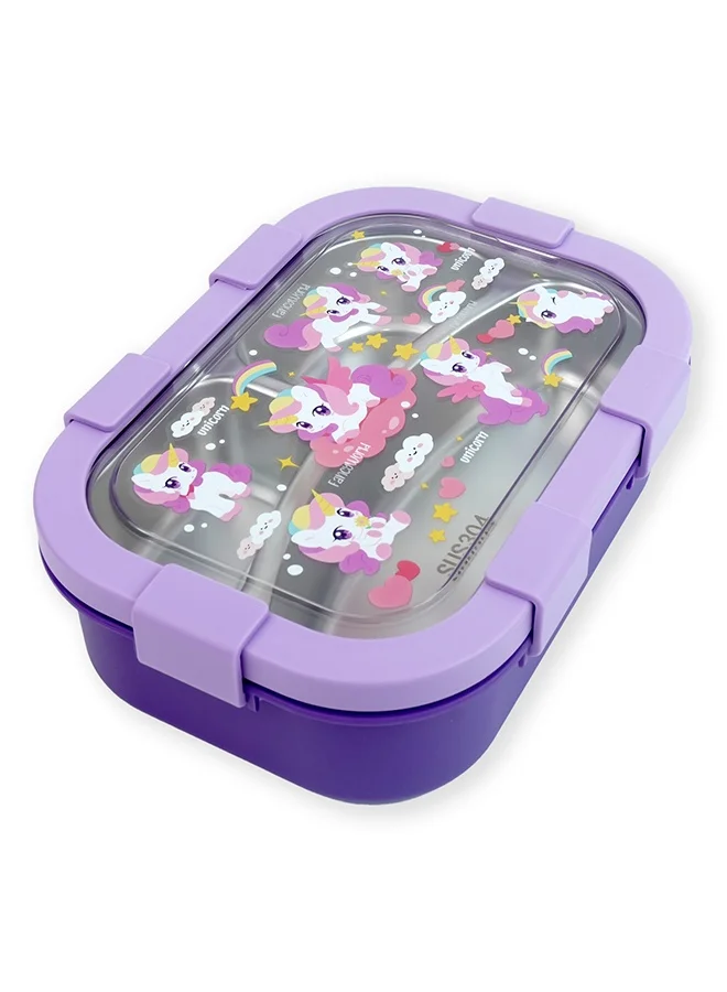 LITTLE SURPRISE BOX Little Surprise Box,3 Sections Purple Unicorn Stainless Steel Lunch Box For Kids