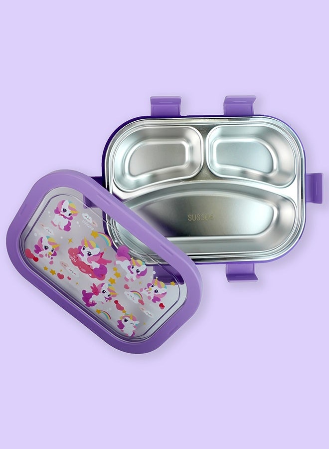 LITTLE SURPRISE BOX Little Surprise Box,3 Sections Purple Unicorn Stainless Steel Lunch Box For Kids - Image 3