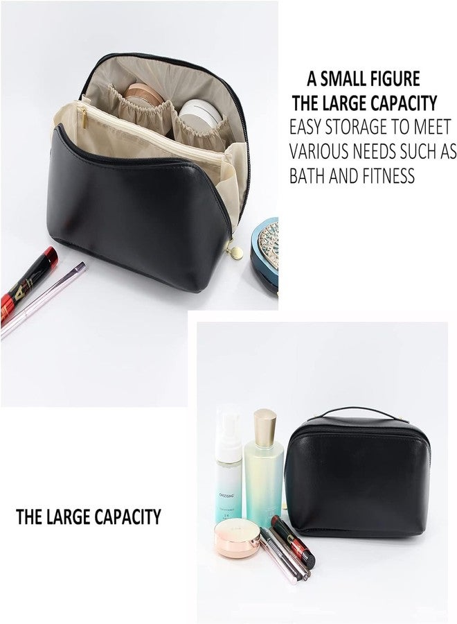 Brijex Women’s Large Capacity Cosmetic Travel Bag - Waterproof Leather Makeup Organizer with Wide Opening, Dividers with Handle (Black) - Image 4
