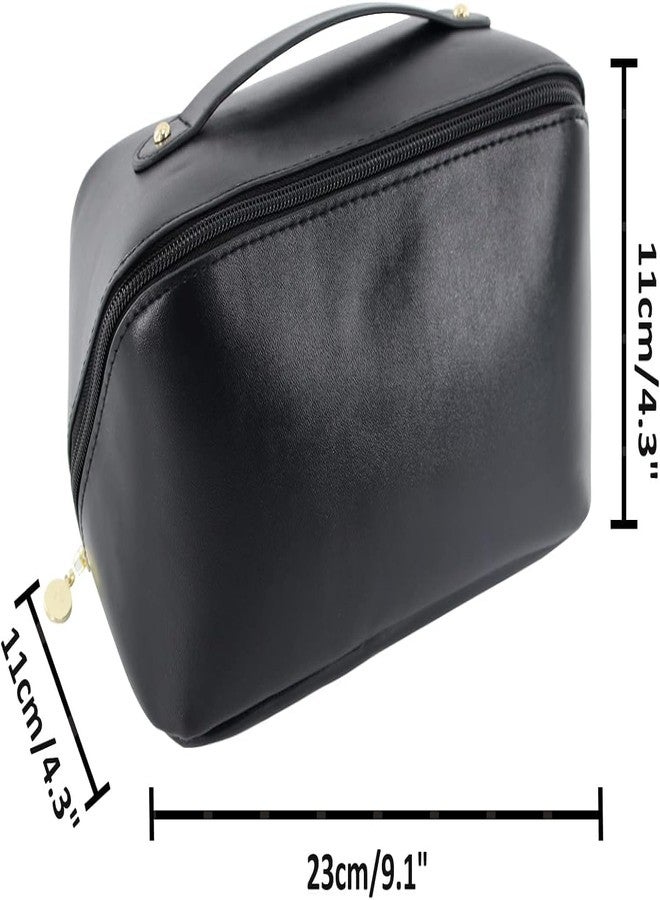 Brijex Women’s Large Capacity Cosmetic Travel Bag - Waterproof Leather Makeup Organizer with Wide Opening, Dividers with Handle (Black) - Image 2