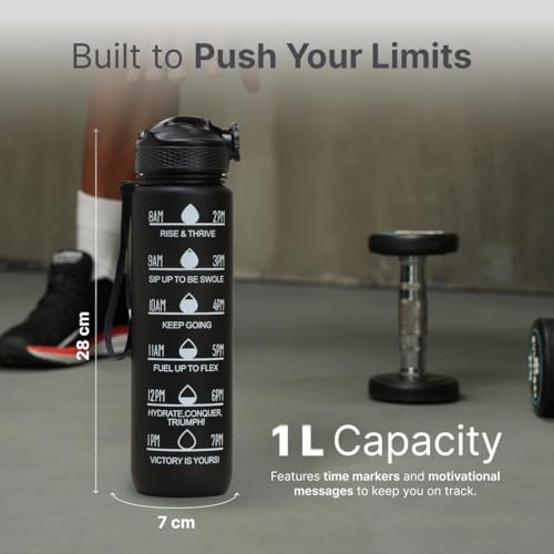 CULT Motivational Water Bottle 1 Litre with Straw & Time Marker – BPA-Free, Leakproof, Portable Sipper with Locking Lid & Carry Strap – Ideal for Gym, Office, Travel & Daily Hydration – Black - Image 4
