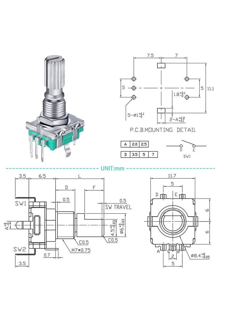 360 Degree Rotary Encoder Code Switch Digital Potentiometer, 10 Pcs Rotary Encoder Digital Potentiometer with Push Button 5 Pins Handle Length 20mm and Knob Cap, Compatible with Arduino EC11
