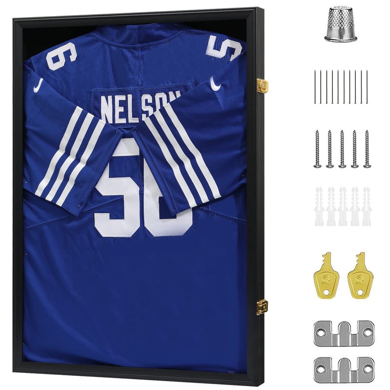 VERANI Jersey Frame Display Case  Football Jersey Shadow Box  Jersey Display Frame with Acrylic Door and Metal Hanger for Baseball Basketball Soccer Hockey Sport Shirt and UniformBlack