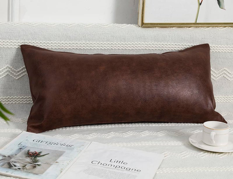 PANOD Decorative Lumbar Throw Pillow Covers 14 x 24 Premium Faux Leather Long Pillow Covers Cushion Case for Farmhouse Sofa Couch Bed Livingroom Modern Boho Vegan Dark Brown - Image 2