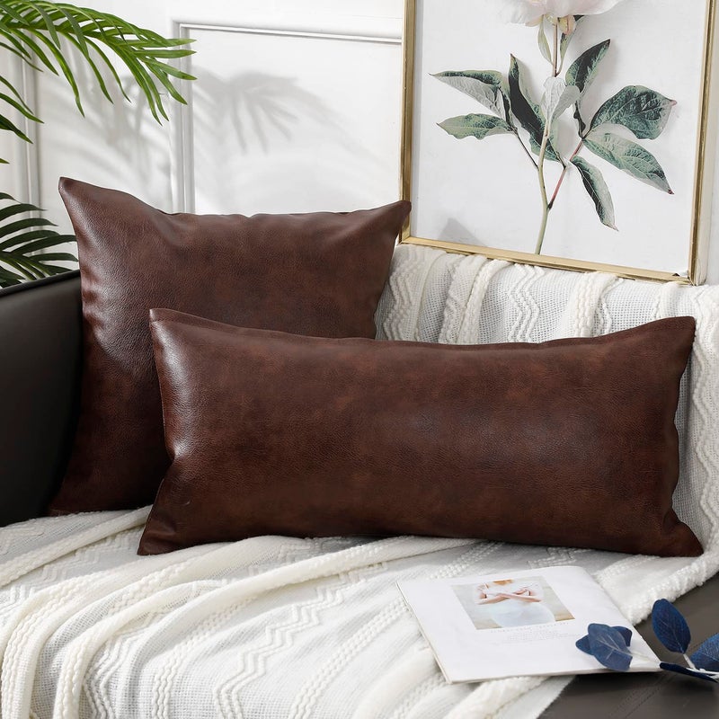 PANOD Decorative Lumbar Throw Pillow Covers 14 x 24 Premium Faux Leather Long Pillow Covers Cushion Case for Farmhouse Sofa Couch Bed Livingroom Modern Boho Vegan Dark Brown - Image 3