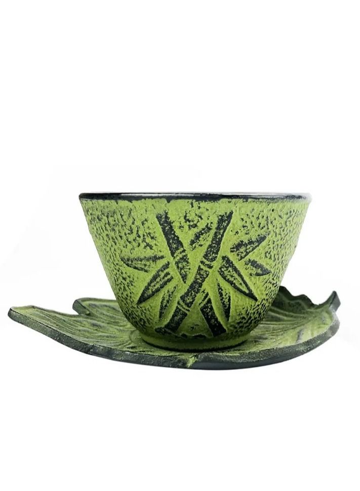 Tealand Durable Enameled  Coated Cast Iron Tea Cup & Leaf Saucer For Homes or Restaurants 0.1L Green  - Image 1