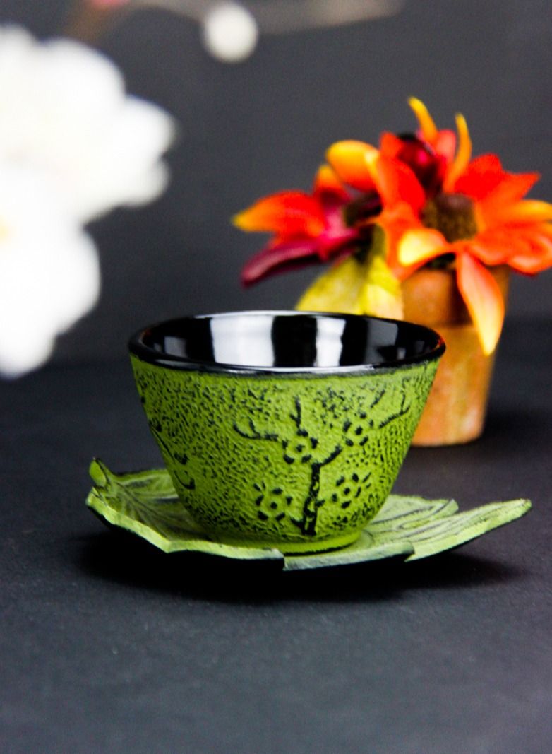 Tealand Durable Enameled  Coated Cast Iron Tea Cup & Leaf Saucer For Homes or Restaurants 0.1L Green  - Image 3