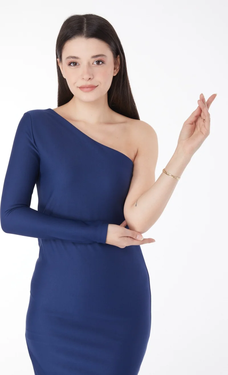 Tofisa Plain Medium Women's Navy Blue Mid Length Evening Dress - 13174