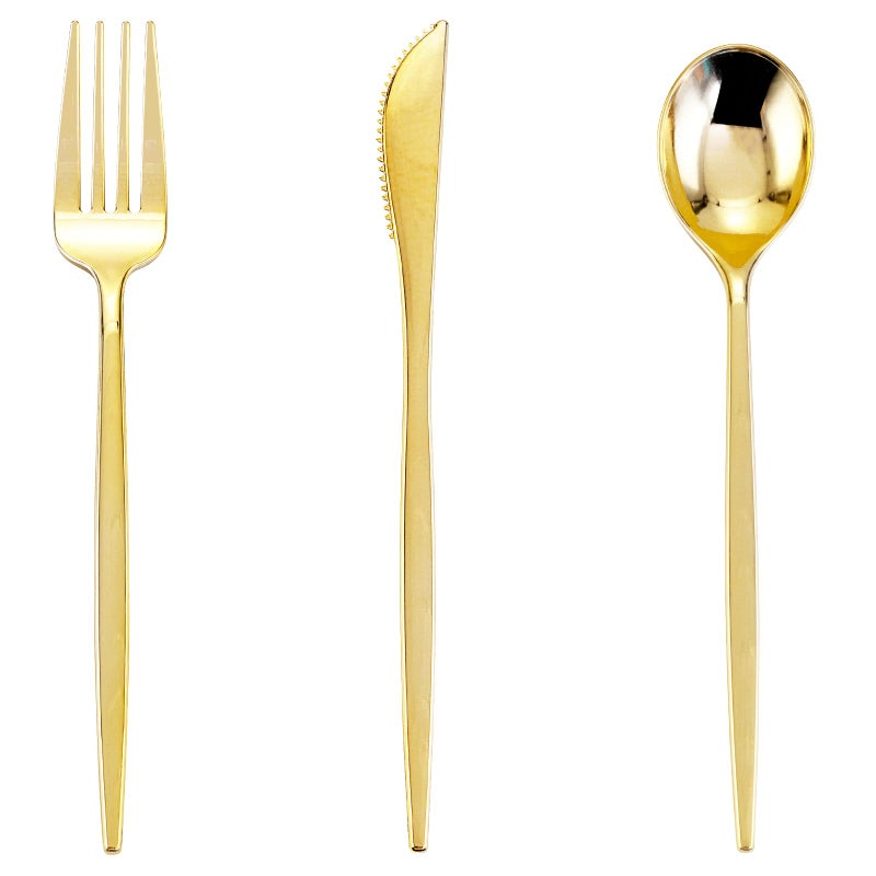 PULOTE 150PCS Gold Plastic Silverware Disposable  Heavy Duty Gold Plastic Cutlery  Gold Plastic Utensils Set Include 50 Knives50 Forks50 Spoons for PartyWedding