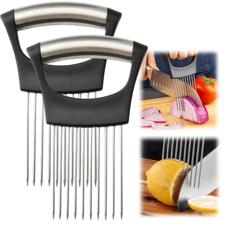 Koujut Onion Slice Holder 2024 New Stainless Steel Holder for Slicing Chopper Assistant Tool Cutter for Meat Onion Potato Tomato Kitchen Gadgets Black 2 Pack - Image 2