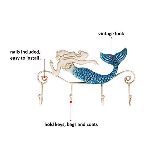 TOOARTS حامل مفاتيح معلق على الحائط من توآرتس - ديكور حائط على شكل حورية البحر مع 4 خطافات للمعاطف والمناشف والحقائب ومثبتات ملابس مع براغي مرفقة - Image 2