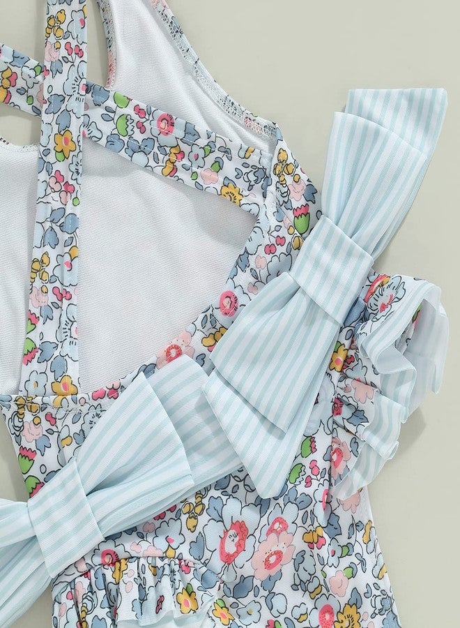 Yccutest Toddler Girls Strap One Piece Swimsuit Floral Sleeveless Backless Bathing Suit Ruffles Bowknot Swimwear Summer Beach Wear (Blue,4-5 Years) - Image 5
