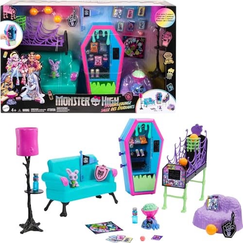 MONSTER HIGH مجموعة ألعاب صالة طلاب مونستر هاي مع أثاث وملحقات ذات طابع خاص مع حيوانين أليفين وآلة بيع تعمل - Image 1