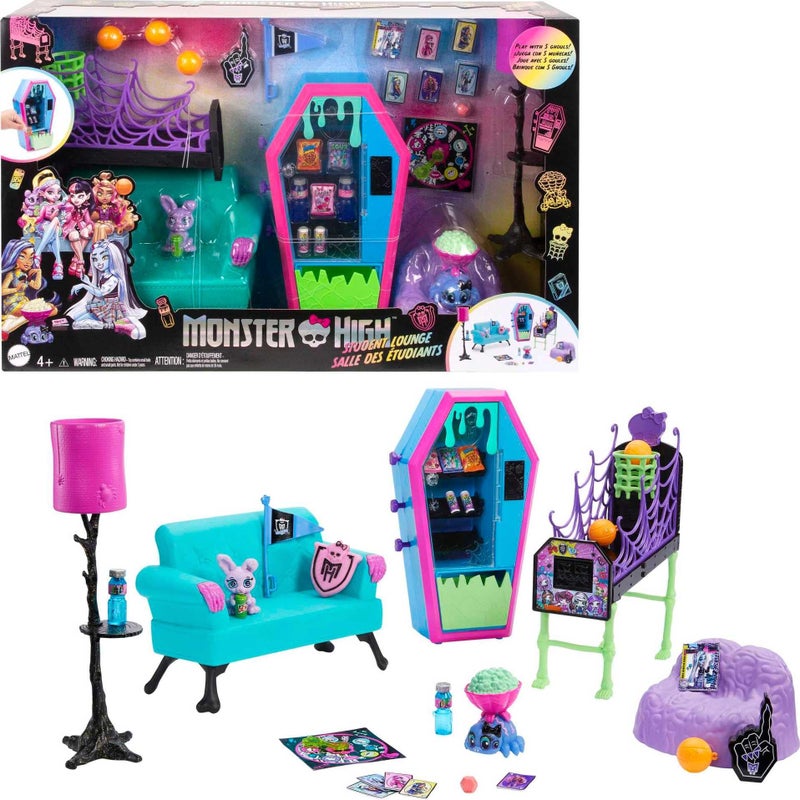 MONSTER HIGH مجموعة ألعاب صالة طلاب مونستر هاي مع أثاث وملحقات ذات طابع خاص مع حيوانين أليفين وآلة بيع تعمل - Image 4