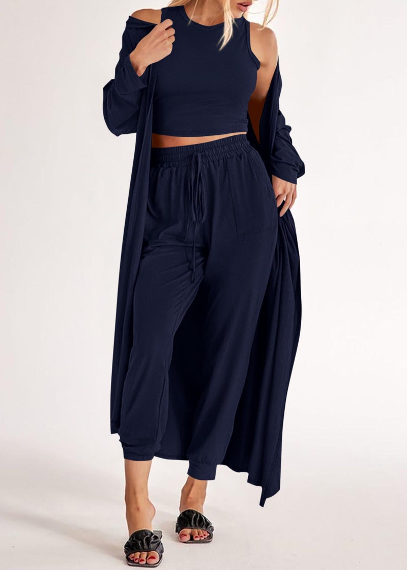 KIRUNDO 3 Piece Lounge Sets for Women Airport Travel Vacation Outfits Spring Cardigan Matching Sleeveless Top Jogger Pants(Navy Blue, Large) - Image 3
