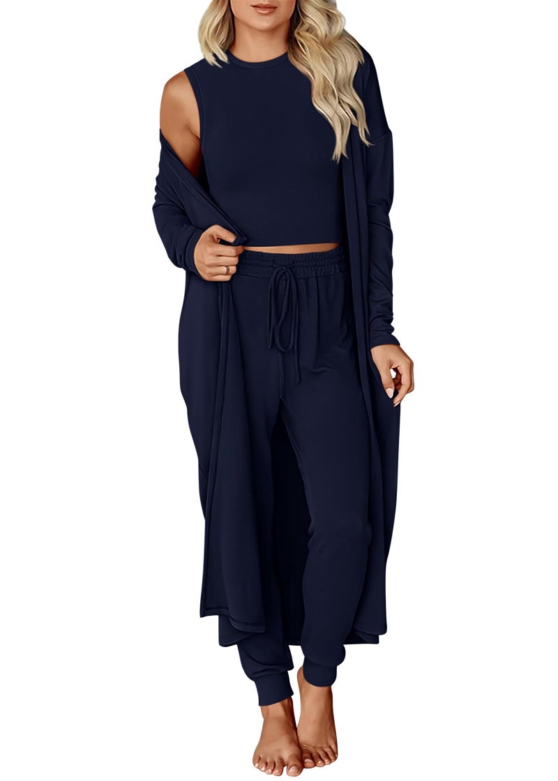 KIRUNDO 3 Piece Lounge Sets for Women Airport Travel Vacation Outfits Spring Cardigan Matching Sleeveless Top Jogger Pants(Navy Blue, Large) - Image 1