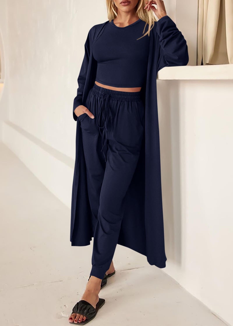 KIRUNDO 3 Piece Lounge Sets for Women Airport Travel Vacation Outfits Spring Cardigan Matching Sleeveless Top Jogger Pants(Navy Blue, Large) - Image 4