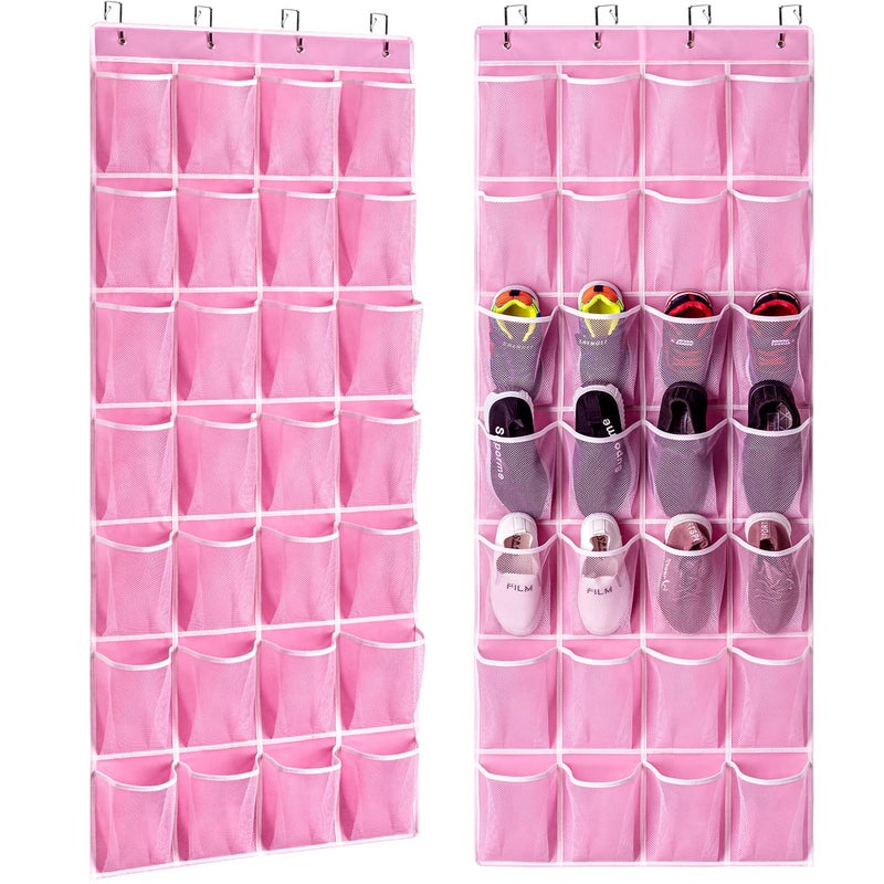 KEEPJOY 28 Pocket Over The Door Shoe Organizer 2Pack Hanging Shoe Organizer for Door Hanging Door Shoe Holder Rack with Mesh Pockets Large Size 65 x 23 inch Pink2Pack