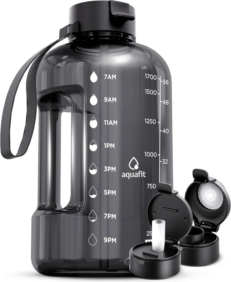 AQUAFIT 64 oz Water Bottle with Time Marker - Straw & Chug Lid - BPA Free Half Gallon Gym Water Bottle with Handle - Big Gallon Jug (Gray, 64 Ounces) - Image 1