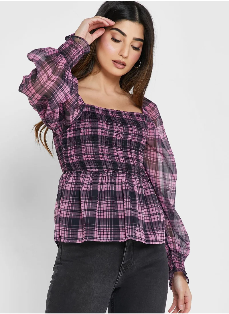 Miss Selfridge Checked Ruched Waist Top