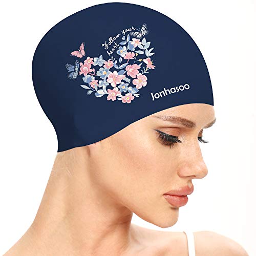 Jonhasoo Swim Cap Women, Silicone Swimming Cap for Long Hair with Leaf Printed - Image 1
