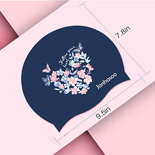 Jonhasoo Swim Cap Women, Silicone Swimming Cap for Long Hair with Leaf Printed - Image 2