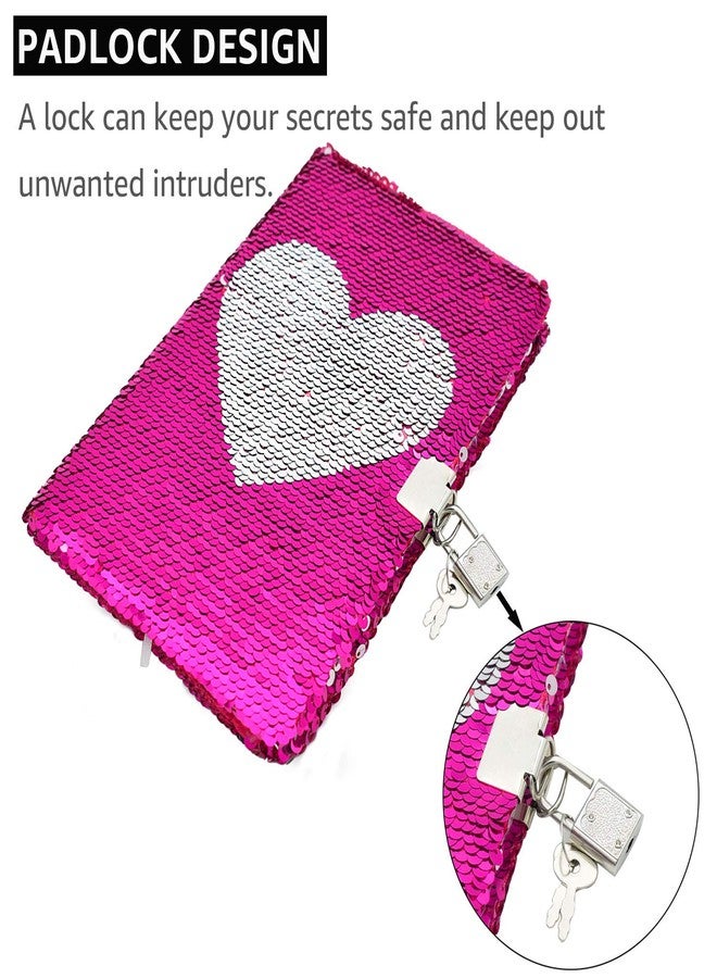 VIPbuy Magic Reversible Sequin Notebook Diary Lined Travel Journal with Lock and Key for Kids Girls, Size A5 (8.5” x 5.5”), 78 Sheets (Heart) - Image 4