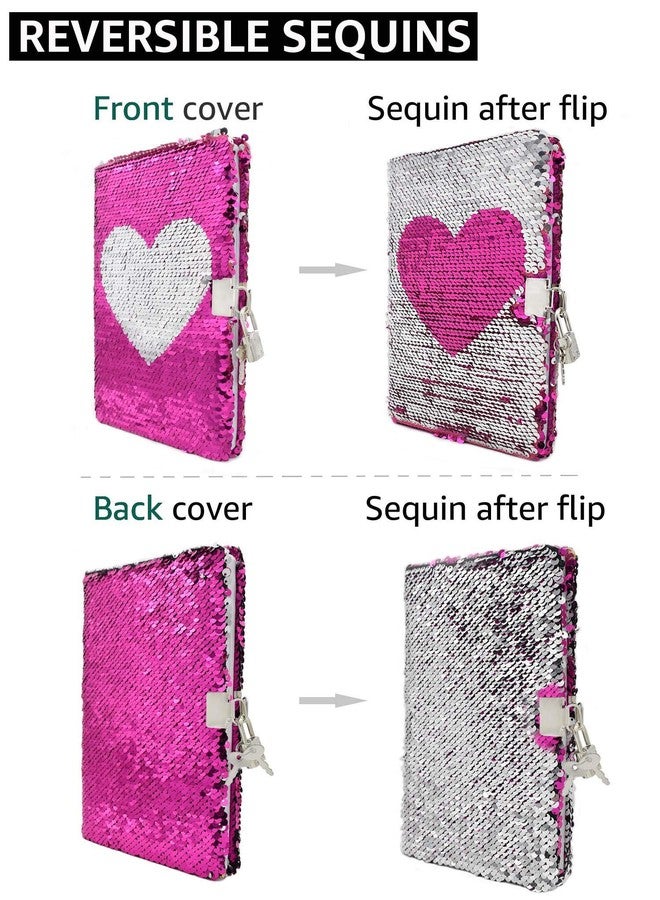 VIPbuy Magic Reversible Sequin Notebook Diary Lined Travel Journal with Lock and Key for Kids Girls, Size A5 (8.5” x 5.5”), 78 Sheets (Heart) - Image 2